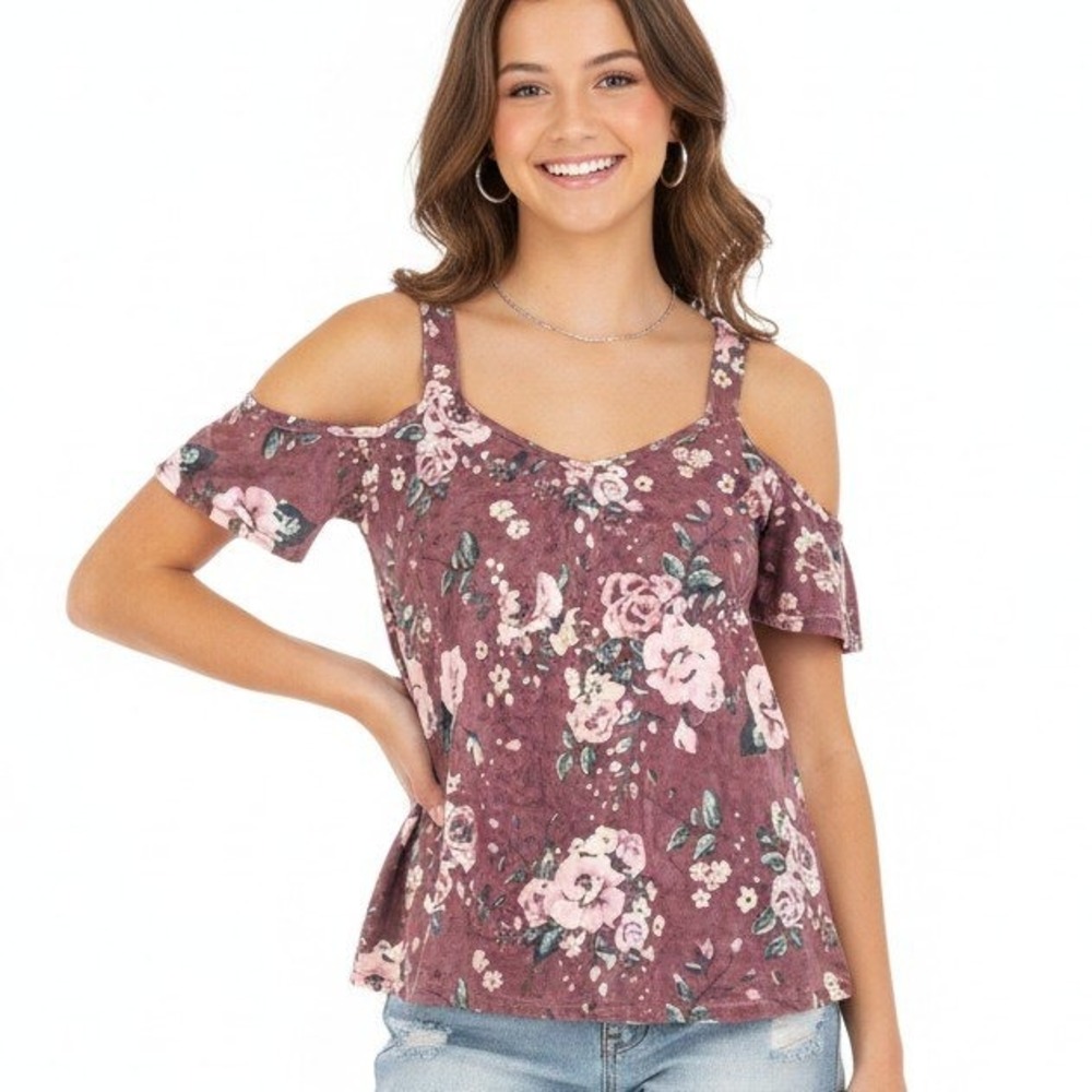 Self Esteem Jr's Floral‎ Cold Shoulder Top Ruffle Sleeve Blouse SKUW467